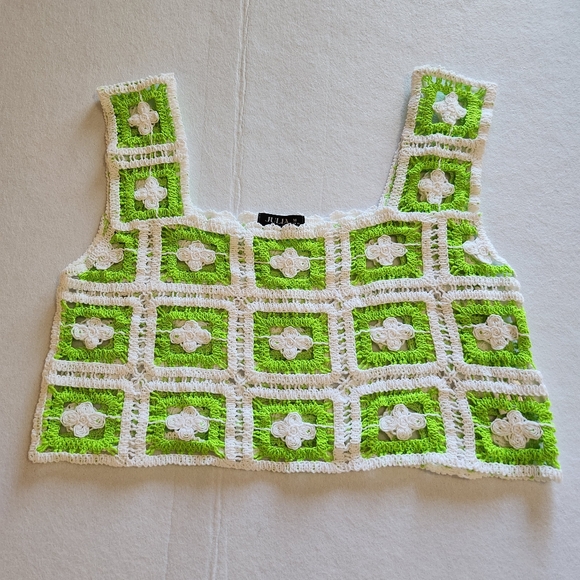 Julia Tops - JULIA Cropped Patchwork Crochet Tank Top in Neon Green & White Size Medium